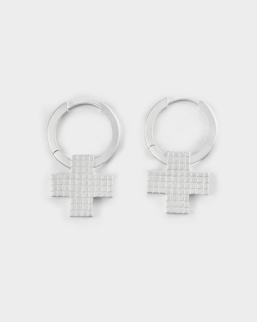 Silver Laser Checkered Cross Earrings OLUV Jewelry