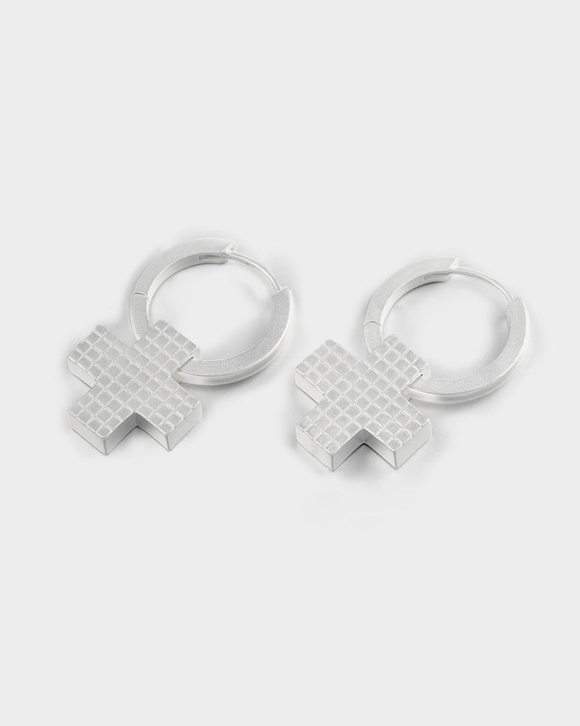 Silver Laser Checkered Cross Earrings OLUV Jewelry