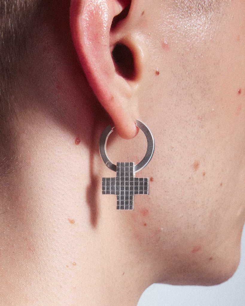 Silver Laser Checkered Cross Earrings OLUV Jewelry